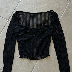 Glittery Lettuce Trim Cropped Black Mesh Top